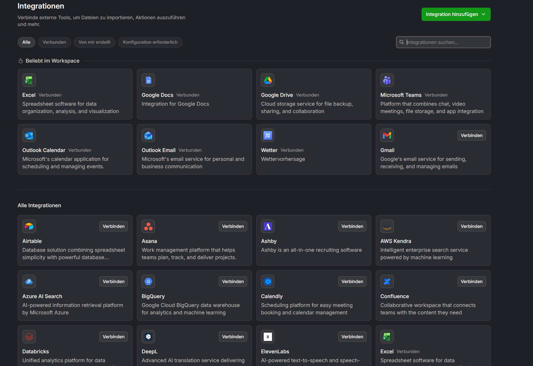 Langdock Integrationen mit Microsoft Teams, Google Drive, Asana, Airtable, BigQuery, Confluence und vielen weiteren