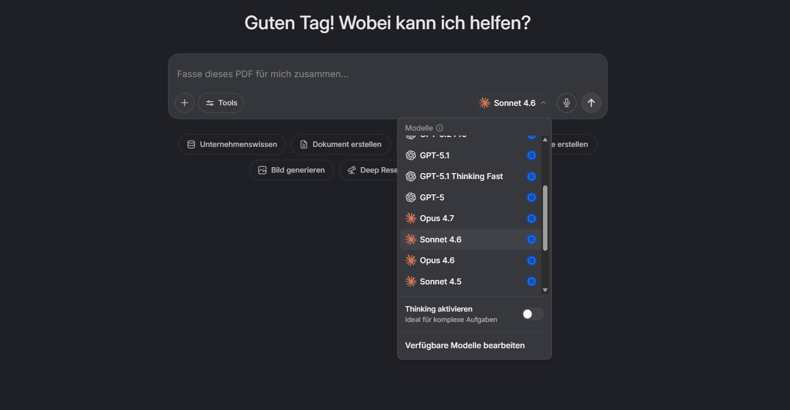 Langdock Modellauswahl mit GPT-5, Claude Opus, Sonnet, Gemini und Thinking-Modus